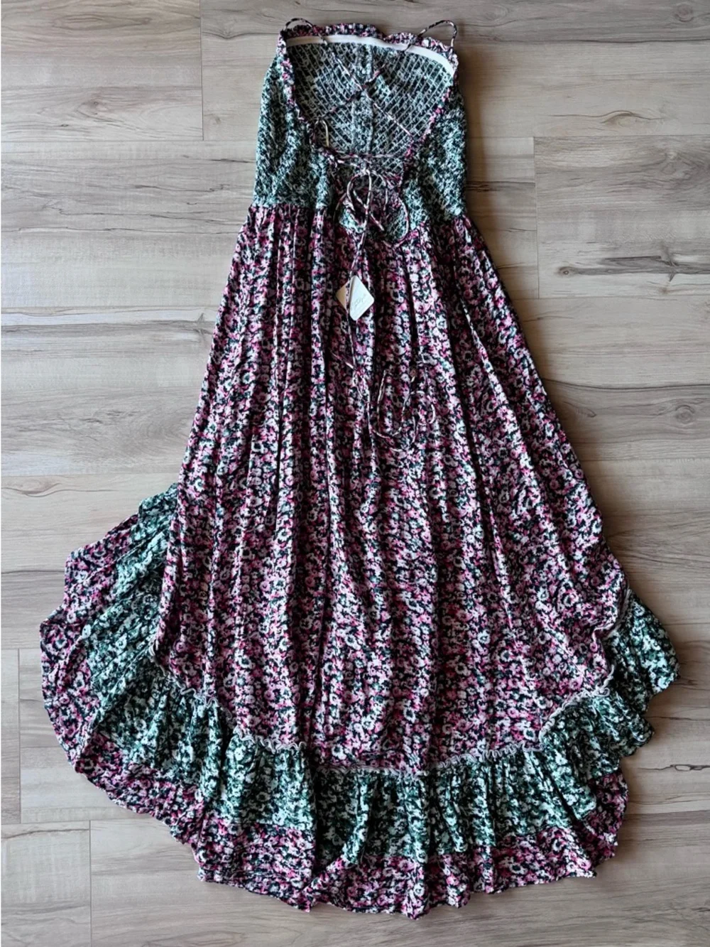 Free People Pink and Green Floral Ruffle Midi Dress “One I Love” - Picture 7 of 8